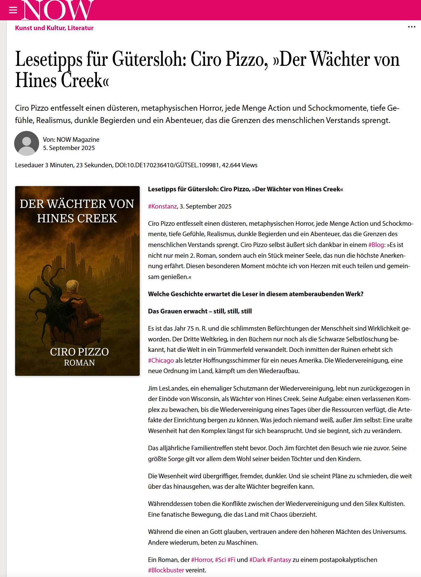 Beitrag des NOW MAGAZINE Gütersloh über DER WÄCHTER VON HINES CREEK